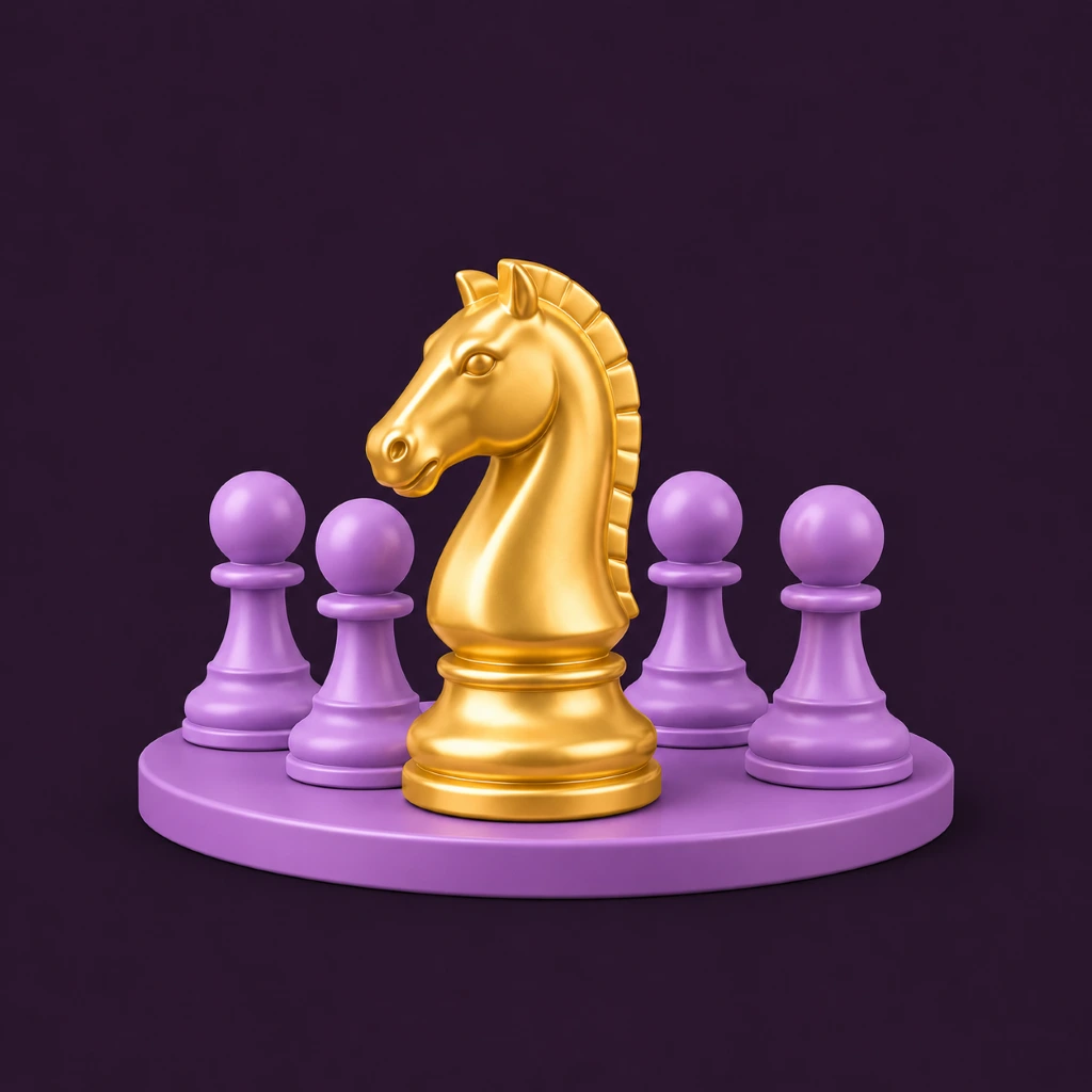 A gold chess knight standing ahead of a group of lilac pawns, representing thinking before doing