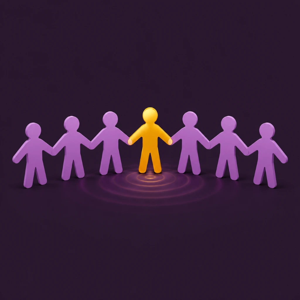 A chain of paper-doll figures holding hands with a glowing gold figure at the centre, illustrating creator partnerships built on trust
