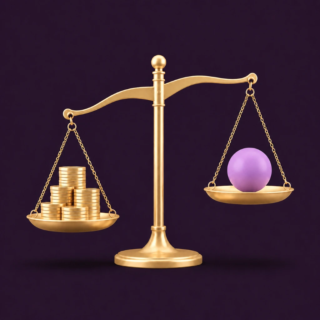 A brass balance scale with gold coins outweighing a lilac sphere, illustrating spend justified by returns