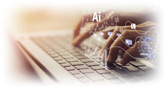 Hands typing on a laptop with AI, email, social and analytics icons rising from the keyboard