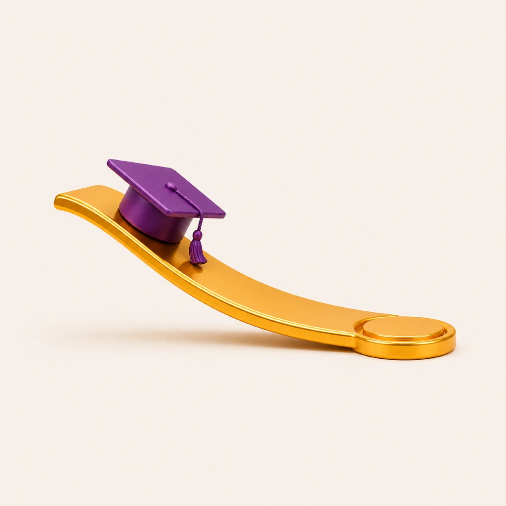 A graduation cap sliding down a gold ramp to a target, for an EdTech landing page case