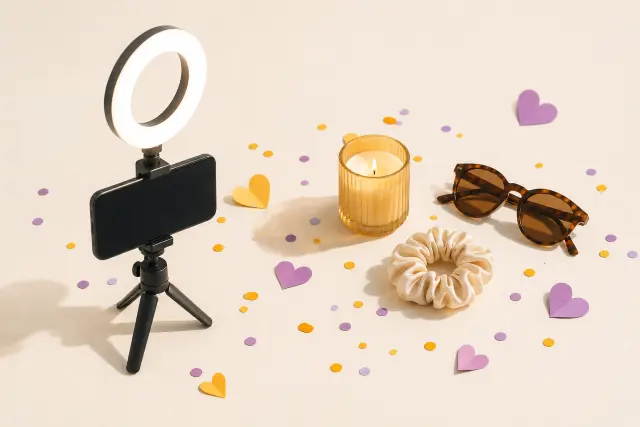 Creator's phone on a tripod shooting lifestyle products, representing an influencer marketing engagement for a lifestyle consumer brand