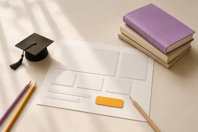 Paper webpage prototype with a gold sign-up button and education objects, representing a landing page engagement for an EdTech enrollment funnel
