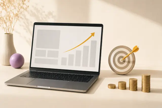Laptop dashboard with a dart on target, representing a performance marketing engagement for a B2B SaaS platform