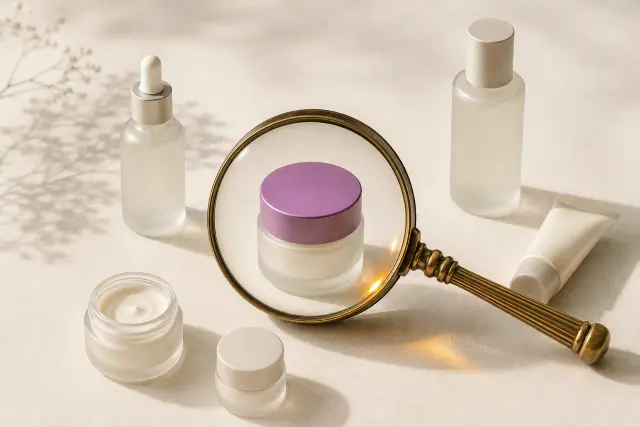 Skincare products under a magnifying glass, representing an SEO engagement for a D2C skincare brand
